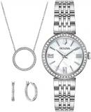 Bulova Ladies' Crystal Stainless Steel Box Set with White Mother-of-Pearl Dial 3-Hand Quartz Watch and Circle Crystal Pendant Necklace and Hoop Earrings Style: 96X149