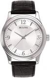 Bulova Silver Dial Black Leather Band Mens Watch