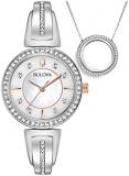 Bulova Ladies' Crystal Accented Gift Set with 3-Hand Quartz Watch and Circle Pendant Necklace, Mother-of-Pearl Dial