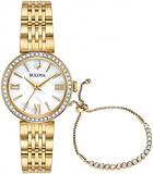 Bulova Ladies' Classic Gold Tone Stainless Steel Box Set with White Mother-of-Pearl 3-Hand Quartz Watch and Gold Tone and Crystal Accent Tennis Bracelet Style: 98X122