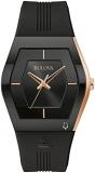 Bulova Latin Grammy Gemini Quartz Rose Gold Stainless Steel Accent with Curved Mineral Crystal and Black Silicone Strap Watch