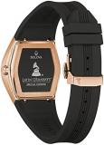 Bulova Latin Grammy Gemini Quartz Rose Gold Stainless Steel Accent with Curved Mineral Crystal and Black Silicone Strap Watch