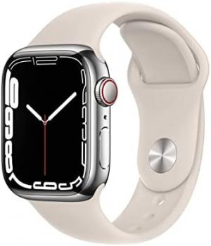 Apple Watch Series 7 (GPS + Cellular, 41MM) Silver Stainless Steel Case with Starlight Sport Band (Renewed)