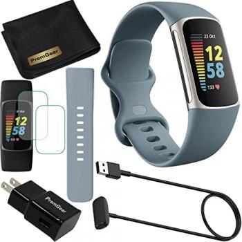 Fitbit Charge 5 Advanced Fitness & Health Tracker (Blue) with Built-in GPS, Stress Management Tools, Bundle with 2 Watch Bands, 3.3foot Charge Cable, Wall Adapter, Screen Shield & PremGear for Fitbit