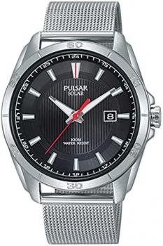 Pulsar Men's Solar Watch with Silver Stainless Steel Strap and Black Dial PX3171X1