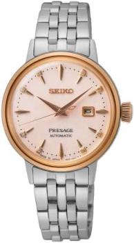 SEIKO Ladies Presage Automatic Rose Bezel Silver Bracelet Watch SRE012