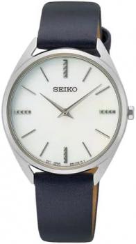 SEIKO Women's White Dial Black Leather Band Quartz Watch