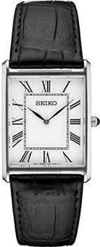 Seiko,men Square Black Leather Watch SWR049