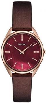 Seiko Women's Red Mother of Pearl Dial Brown Leather Band Quartz Watch