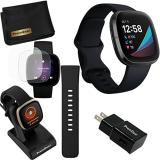 Fitbit Sense Advanced Smartwatch (Carbon/Graphite) with Small & Large Bands, Bundle with 3.3foot Charge Cable, Wall Adapter, Screen Protectors & PremGear Cloth Compatible