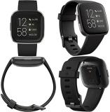 Fitbit Versa 2 Health and Fitness Smart Watch (Black/Carbon) with Heart Rate Monitor, S & L Bands, Bundle with 3.3foot Charge Cable, Wall Adapter, Screen Protectors & PremGear Cloth