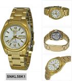 Seiko SNKL58 Mens Seiko 5 Gold Tone Stainless Steel Case and Bracelet White Tone Dial Day and Date Watch
