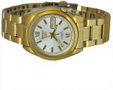 Seiko SNKL58 Mens Seiko 5 Gold Tone Stainless Steel Case and Bracelet White Tone Dial Day and Date Watch