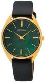 Seiko Women's Green Mother of Pearl Dial Black Leather Band Quartz Watch