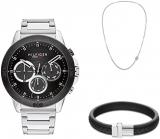 Tommy Hilfiger Men's Quartz Multifunction Stainless Steel Silver Link Bracelet Watch with Silver Stainless Steel Chain Necklace and Stainless Steel and Black Leather Magnetic Braided Leather Bracelet