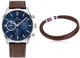 Tommy Hilfiger Men's Stainless Steel Quartz Watch with Brown Leather Strap with Brown Leather Double Wrap Bracelet