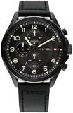 Tommy Hilfiger Men's Ionic Plated Black Steel Case and Calfskin Strap Watch, Col...
