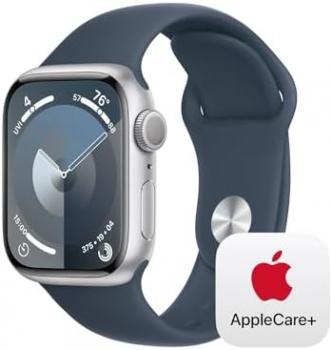 Apple Watch Series 9 GPS 41mm Silver Aluminum Case with Storm Blue Sport Band - S/M with AppleCare+ (2 Years)