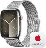 Apple Watch Series 9 [GPS + Cellular 45mm] Smartwatch with Silver Stainless Steel Case with Silver Milanese Loop with AppleCare+ (2 Years)