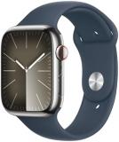 Apple Watch Series 9 [GPS + Cellular 45mm] Smartwatch with Silver Stainless Steel Case with Storm Blue Sport Band S/M. Fitness Tracker, Blood Oxygen & ECG Apps, Always-On Retina Display