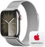 Apple Watch Series 9 [GPS + Cellular 41mm] Smartwatch with Silver Stainless Steel Case with Silver Milanese Loop with AppleCare+ (2 Years)