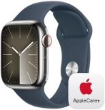Apple Watch Series 9 [GPS + Cellular 41mm] Smartwatch with Silver Stainless Steel Case with Storm Blue Sport Band S/M with AppleCare+ (2 Years)