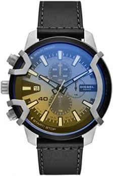 Diesel Men's 48mm Griffed Quartz Stainless Steel and Leather Chronograph Watch, Color: Black/Silver Iridescent (Model: DZ4584)