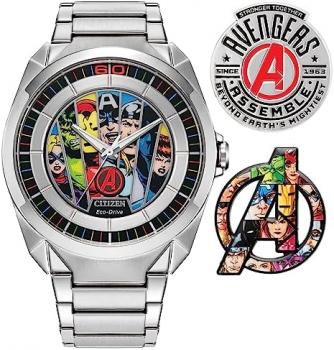 Citizen Men's Eco-Drive Marvel Avengers Silver Stainless Steel Watch and Pin Gift Set, Avengers 60th Anniversary (Model: AW2080-64W)