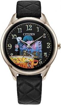 Citizen Women's Eco-Drive Pixar Ratatouille Rose Gold Stainless Steel Watch with Black Quilted Leather Strap (Model: FE7103-04W)
