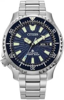 Citizen Men's Promaster Dive Fugu Automatic Silver Stainless Steel Watch, Day/Date, 3 Hand, Blue Dial (Model:NY0136-52L)