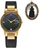 Citizen Ladies' Eco-Drive Disney Villians Evil Queen Gold Stainless Steel Case and Black Leather Strap Watch and Pin Gift Set, Black Dial,Crystal Accent,Date (Model: GA1082-46W)