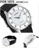 Citizen AS1060-11A ES0000-10A Unisex Wristwatch, Eco Drive, Radio Wave, Made in Japan, Thin, Leather Strap, White x Black