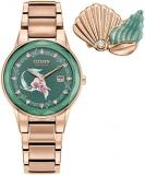 Citizen Eco-Drive Ladies' Special Edition Disney Princess Ariel &#34;Making Waves my Way&#34; Faceted Crystal Watch and Pin Gift Set, Gold Stainless Steel Watch, Green Dial, 30mm (Model: GA1073-63W)