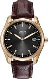 Citizen Men's Classic Eco-Drive Leather Strap Watch, Date, Luminous Hands and Markers, Black Dial