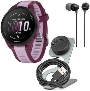 Garmin Forerunner 165 Music GPS Running Smartwatch (Berry-Lilac) Bundle with Charger Stand and USB Charging Cable and Earbud Headphones (3 Items)