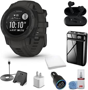 Garmin Instinct 2S Standard Edition Smart Watch Graphite + Wireless Headphones + Watch Charging Stand + USB Car/Wall Adapter + 6Ave Cleaning Kit + Workout Towel (010-02563-10)