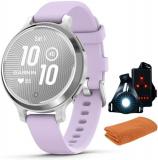 Garmin 010-02891-01 Lily 2 Active Smartwatch Silver with Purple Jasmine Silicone Band Bundle with Workout Cooling Sport Towel and Deco Essentials Wearable Commuter Front and Rear Safety Light