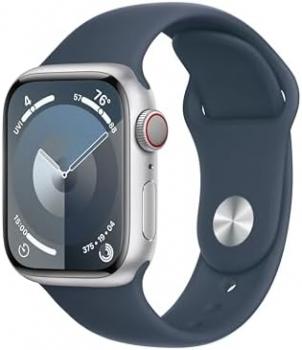 Apple Watch Series 9 [GPS + Cellular 41mm] Smartwatch with Silver Aluminum Case with Storm Blue Sport Band S/M. Fitness Tracker, ECG Apps, Always-On Retina Display