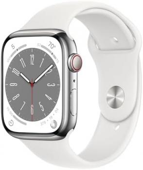 Apple Watch Series 8 (GPS + Cellular, 45MM) Silver Stainless Steel Case with White Sport Band (Renewed)