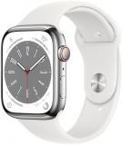 Apple Watch Series 8 (GPS + Cellular, 45MM) Silver Stainless Steel Case with White Sport Band (Renewed)