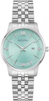 Bulova Ladies Quartz Dress Classic Watch, Silver-Tone Stainless Steel Bracelet, Aqua Dial, Calendar Style: 96P259