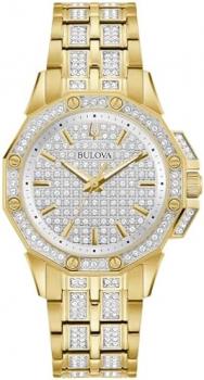 Bulova Ladies' Crystal Octava Gold Stainless Steel 3-Hand Quartz Watch, Crystal Bezel and Dial Style: 98L302