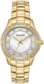 Bulova Ladies' Crystal Stainless Steel 3-Hand Quartz Watch, White Mother-of-Pearl Dial