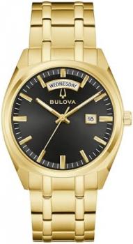 Bulova Men's Quartz Dress Classic Sutton Watch, Gold-Tone Stainless Steel Bracelet, Black Dial, 3 Hand, Day/Date (Style: 97C116)