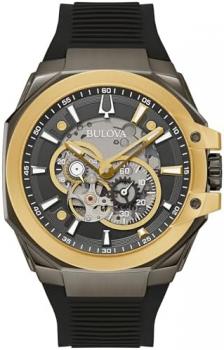 Bulova Men's Automatic Performance Maquina Watch, Black Silicone Strap, Gray Heartbeat Skeleton Dial, 42 Hour Power Reserve (Style:98A310)