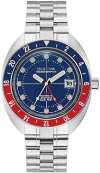 Bulova Men's Oceanographer Snorkel GMT Stainless Steel Watch, Blue and Red Bidirectional Rotating Bezel, Bezel, Blue Dial Style:96B405