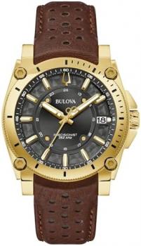 Bulova Men's Icon High Precisionist Quartz Gold Tone Stainless Steel Case 3-Hand Watch, Leather Brown Strap, Black Dial Style:97B216