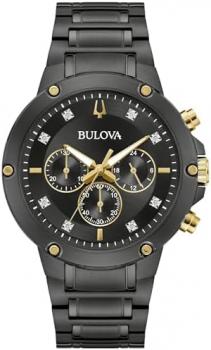 Bulova Men's Classic 6-Hand Chronograph Diamond Quartz Black Ion Plated Stainless Steel Watch, 24 Hour Time, 43mm, Style:98D190