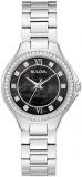Bulova Ladies Quartz Dress Classic Watch, Silver-Tone Stainless Steel Bracelet, Black Dial Style: 96L300
