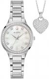 Bulova-Ladies' Crystal Stainless Steel Box Set with White Mother-of-Pearl Dial 3-Hand Quartz-Watch and Heart Crystal-Pendant-Necklace, 30mm Style: 96X162